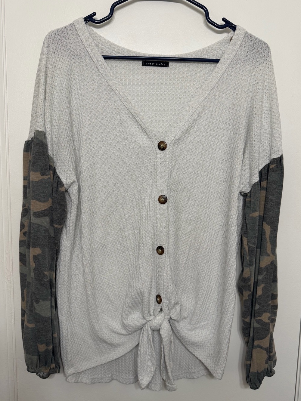 Women’s Knit Button-Front Top with Camo Sleeves